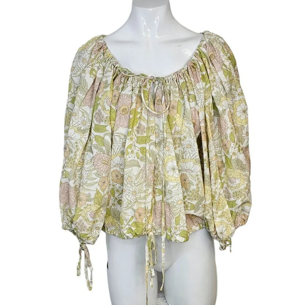 Charlie Holiday Linen Blend Floral Puff Sleeve Tie Blouse Size 4 Boho Vacation
